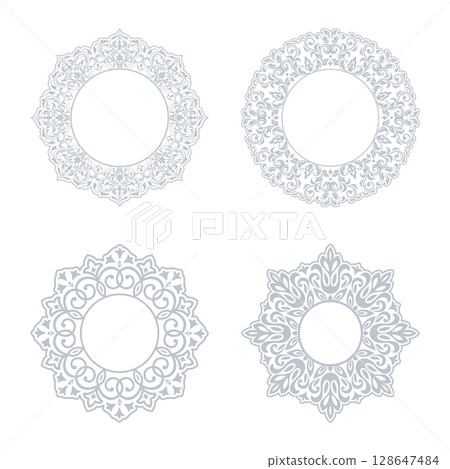 Set of decorative frames Elegant vector element for design in Eastern style, place for text. Floral gray and white borders. Lace illustration for invitations and greeting cards Set of decorative frames Elegant vector element for design in Eastern style, place for text. Floral gray and white borders. Lace illustration for invitations and greeting cards 128647484
