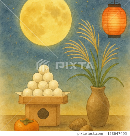 A still life of a full moon, moon-viewing dumplings, and silver grass on a quiet full moon night 128647493