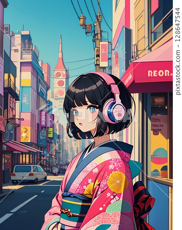 一位身穿和服、戴著耳機的女士 128647544