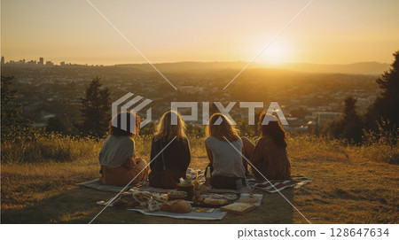 Four young adult friends sit on hill overlooking city at sunset. Facing away, they enjoy warm light and connection, feeling relaxation during golden hour 128647634