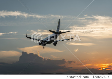 Sendai Airport at dusk, airplane landing, Natori City, Miyagi Prefecture 128647693