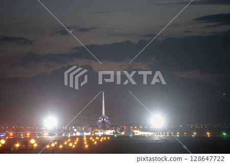Sendai Airport at night, plane taking off, Natori City, Miyagi Prefecture 128647722