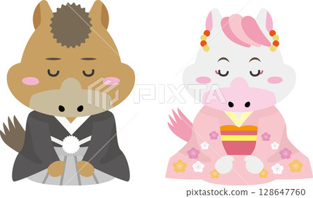 與身著和服的馬兒們一起慶祝 2026 年新年 128647760