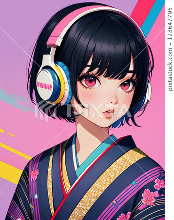 A woman in a kimono wearing headphones A woman in a kimono wearing headphones 128647795