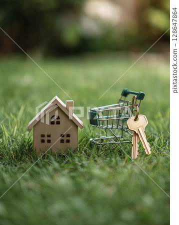 Small wooden house model and miniature shopping cart with keys are placed on green grass, symbolizing real estate, home ownership, or property purchase in outdoor setting 128647864