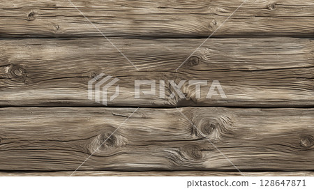 Close up of weathered wooden planks with visible knots and grain patterns, showcasing natural textures and earthy tones, ideal for rustic or outdoor design themes 128647871