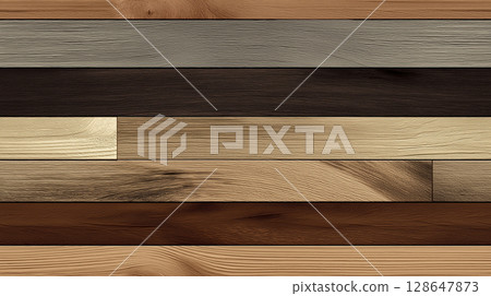 Variety of wooden planks with different colors and textures arranged horizontally, showcasing natural wood grain patterns and smooth finishes, creating warm and rustic aesthetic 128647873