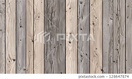 Seamless wooden plank surface with varied shades of gray and beige, showcasing natural wood grain and knots, creating rustic and textured appearance for interior or exterior design 128647874