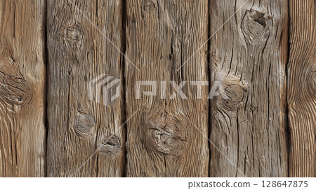 Close up view of weathered wooden planks showing natural grain, knots, and texture, creating rustic and aged appearance perfect for background or design use 128647875