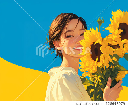 拿著向日葵的年輕女子 128647979
