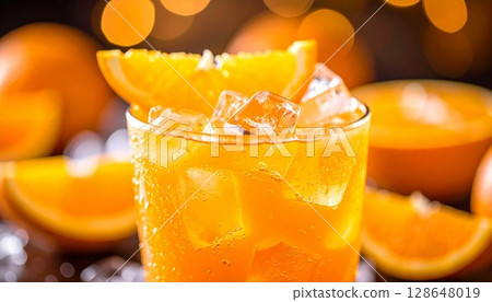 Orange juice with fruit in a glass cup Generative AI 128648019