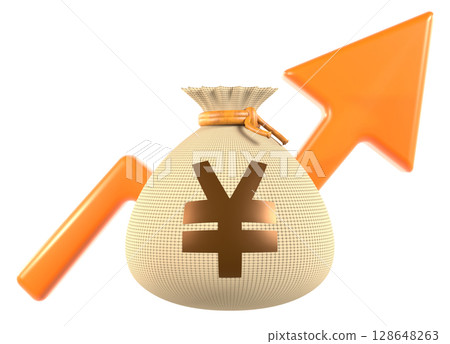 3D illustration of money bag and upward arrow representing increasing revenue 128648263