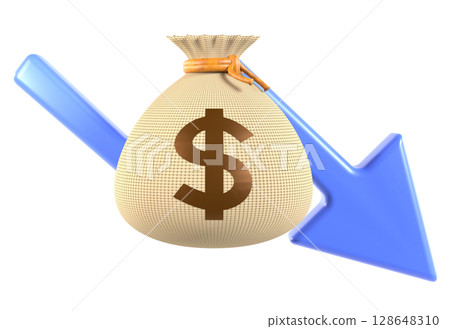 3D illustration of money bags and down arrow indicating loss or declining profits 3D illustration of money bags and down arrow indicating loss or declining profits 128648310