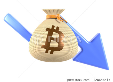 錢袋和向下箭頭的 3D 插圖表示虧損或利潤下降 錢袋和向下箭頭的 3D 插圖表示虧損或利潤下降 128648313