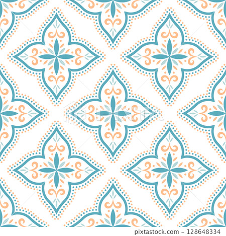 Seamless Floral Geometric Pattern in Teal and Orange 128648334