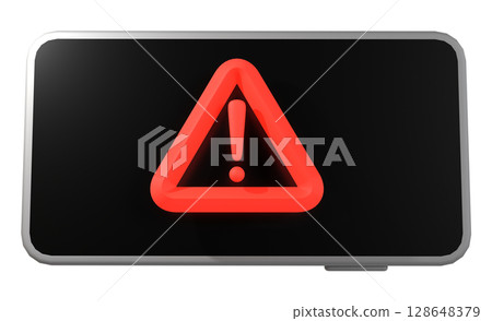 智慧型手機上顯示的紅色警告符號的 3D 插圖 128648379