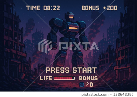 A giant robot appears in a ruined city and a score is displayed 128648395