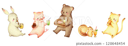 一組吃糖果和飲料的動物，手繪色鉛筆畫 128648454