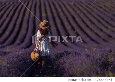 Lavender field woman Provence day, girl walks rows, holding flowers in tote bag, sunny. 128648461