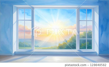 Room, window, morning sun, light, watercolor, analog touch, illustration material, AI 128648582