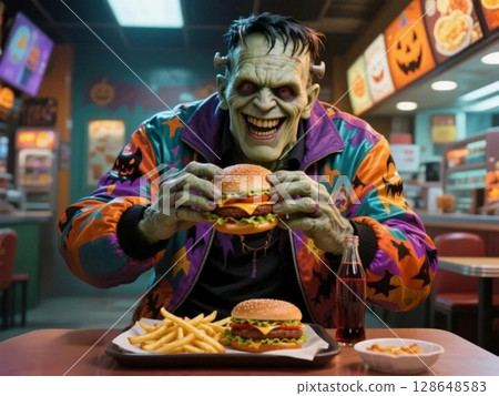 Frankenstein wearing a Halloween jacket and eating a hamburger 128648583