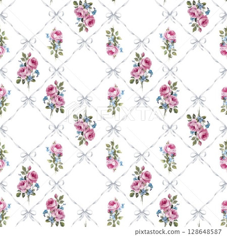 Shabby chic rose pattern with ribbons and gingham seamless vintage floral design with pink roses, blue bows, and pastel diamonds. Ideal for textiles, wrapping, and romantic interiors. Shabby chic rose pattern with ribbons and gingham seamless vintage floral design with pink roses, blue bows, and pastel diamonds. Ideal for textiles, wrapping, and romantic interiors. 128648587