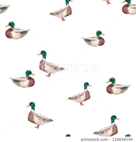 Seamless pattern with watercolor ducks hand drawn mallard birds on white background for kids wallpaper and fabric 128648594