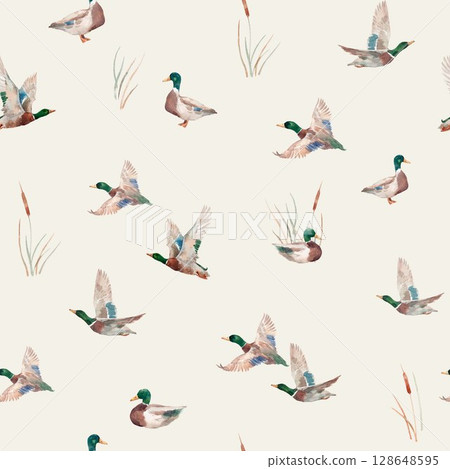Watercolor flying and swimming ducks seamless pattern. Nature-inspired mallards with reeds for nursery wallpaper and textile design Watercolor flying and swimming ducks seamless pattern. Nature-inspired mallards with reeds for nursery wallpaper and textile design 128648595