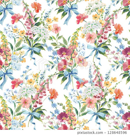 Watercolor and Gouache floral pattern with poppy, foxglove, chicory and buttercups seamless vintage bouquet with blue ribbons and colorful wildflowers on white background. Hand-painted romantic design Watercolor and Gouache floral pattern with poppy, foxglove, chicory and buttercups seamless vintage bouquet with blue ribbons and colorful wildflowers on white background. Hand-painted romantic design 128648596