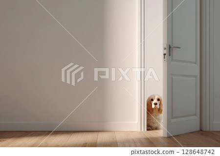 American Cocker Spaniel looking through the door American Cocker Spaniel looking through the door 128648742
