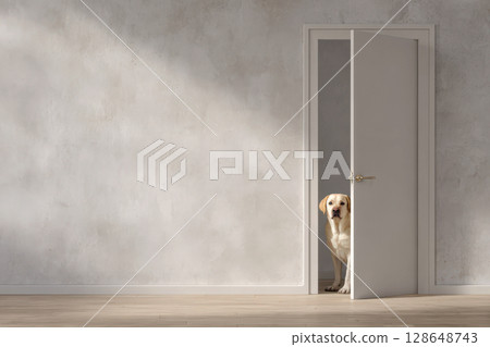 Labrador retriever looking through the door 128648743