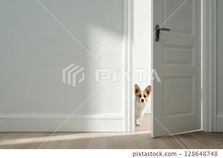 柯基犬透過門往裡面看 柯基犬透過門往裡面看 128648748