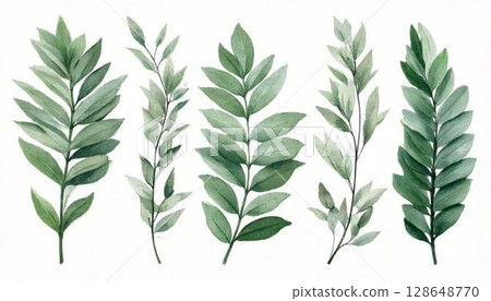 Watercolor leaves green plants nature decoration ornament decoration background illustration material AI 128648770