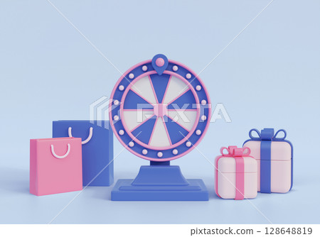 roulette wheel with gift box and shopping bag 3D graphic 128648819