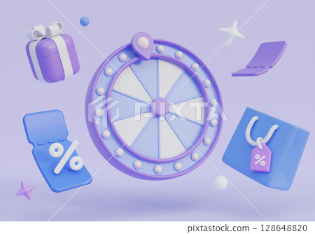 roulette wheel with gift box and shopping bag 3D graphic 128648820