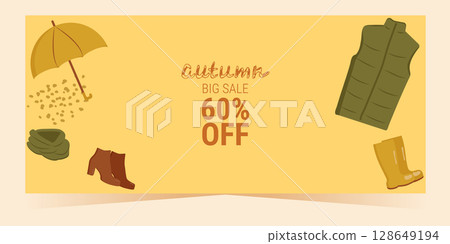 Autumn sale coupon discount template with clothes. Design flyer banner for shopping sale promo poster invitation website greeting card. Vector illustration. 128649194