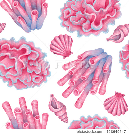 Seamless sea pattern of tube corals, spiral shells, scallops. Watercolor illustration of underwater animals. Hand drawn isolated image. Tropical ocean atmosphere for fabric, paper, wallpaper, textile Seamless sea pattern of tube corals, spiral shells, scallops. Watercolor illustration of underwater animals. Hand drawn isolated image. Tropical ocean atmosphere for fabric, paper, wallpaper, textile 128649347