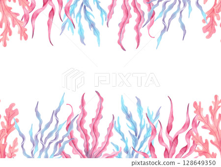 Horizontal frame with colorful seaweed. Watercolor botanical illustration. Hand drawn isolated art. Natural form of marine flora. Travel banner, kids design, underwater theme. Space for text 128649350