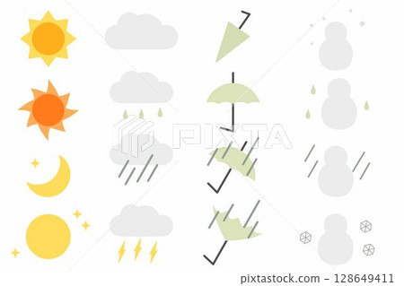 簡單的天氣符號插圖集（晴天、陰天、下雨、下雪） 128649411