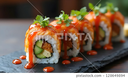Spicy Dragon Roll with Eel and Avocado Perfection 128649894