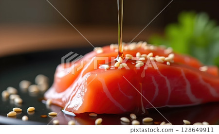 Drizzling Soy Sauce Over Sashimi for Flavor Burst Shot 128649911