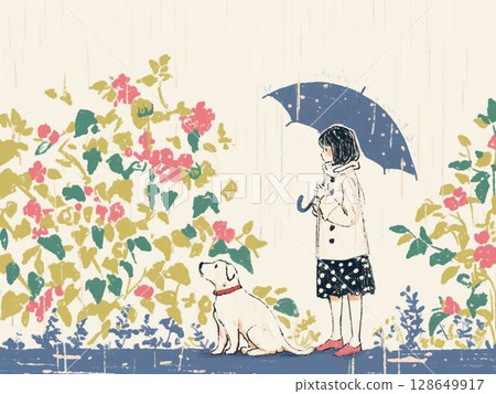 下雨天散步以及女孩和狗的故事 128649917