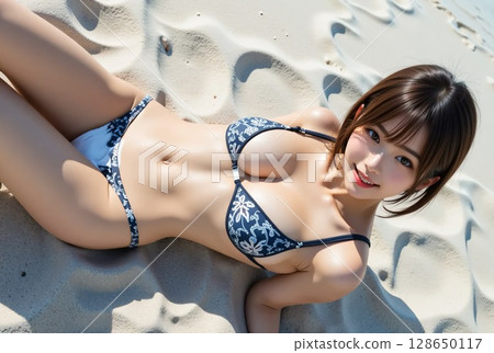 一名身穿印花比基尼的女子仰躺在沙灘上，從上方拍攝 128650117