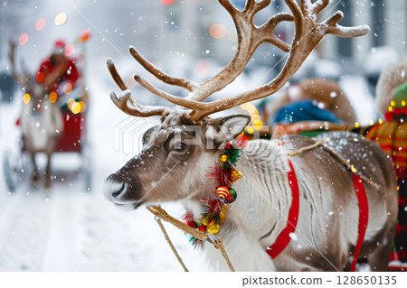 Reindeer adorned with colorful decorations stands in snowy landscape, with festive sleigh and Santa figure in the background, capturing the essence of holiday spirit and winter wonder Reindeer adorned with colorful decorations stands in snowy landscape, with festive sleigh and Santa figure in the background, capturing the essence of holiday spirit and winter wonder 128650135
