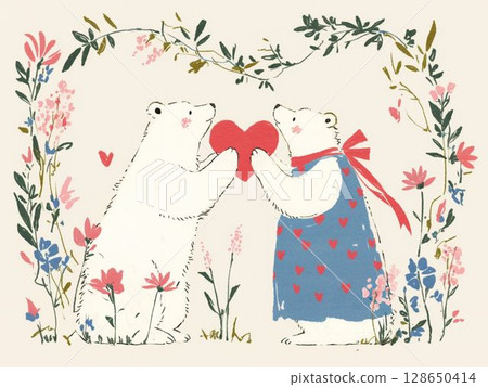 Polar bear couple surrounded by flowers, a happy time sending hearts 128650414