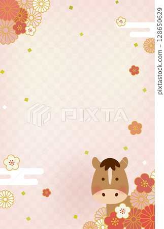 2026年馬年新年賀卡插圖|可愛的馬和日式花卉設計 128650629