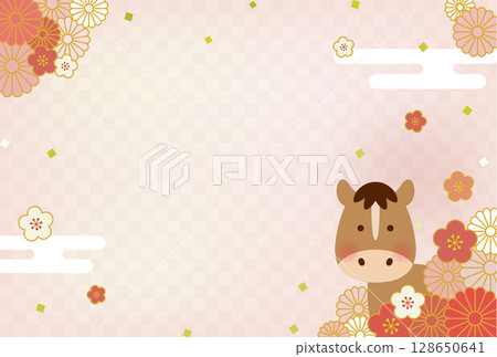 2026 Year of the Horse New Year's card illustration | Cute horse and Japanese-style floral design 128650641