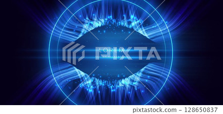 Blue glowing wave lines with lighting effect and sparkle on dark blue background. Technology futuristics concept. 128650837