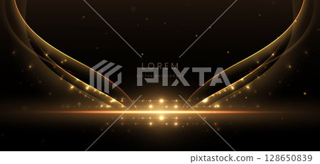 Abstract elegant gold glowing line with lighting effect sparkle on black background. 128650839