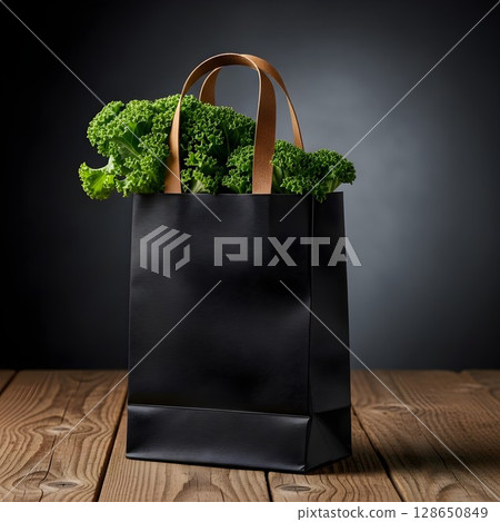 shopping bag on wood table 128650849